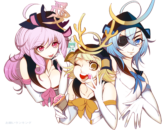 3girls, arai_teruko, armor, blonde_hair, blue_hair, breasts, cleavage, eyepatch