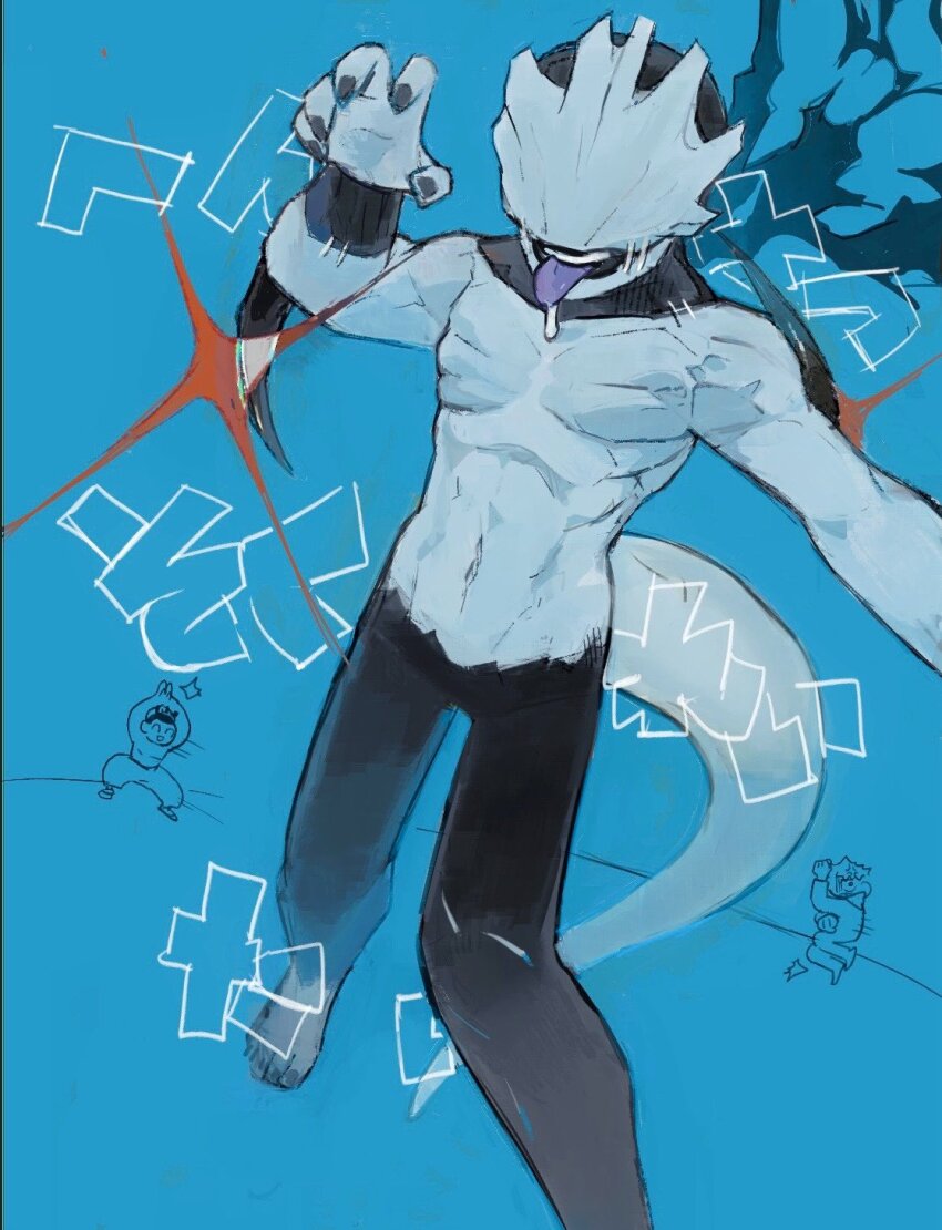 alternate_form, black_nails, blue_background, blue_hair, claw_pose, heterochromia, highres, itadori_yuji