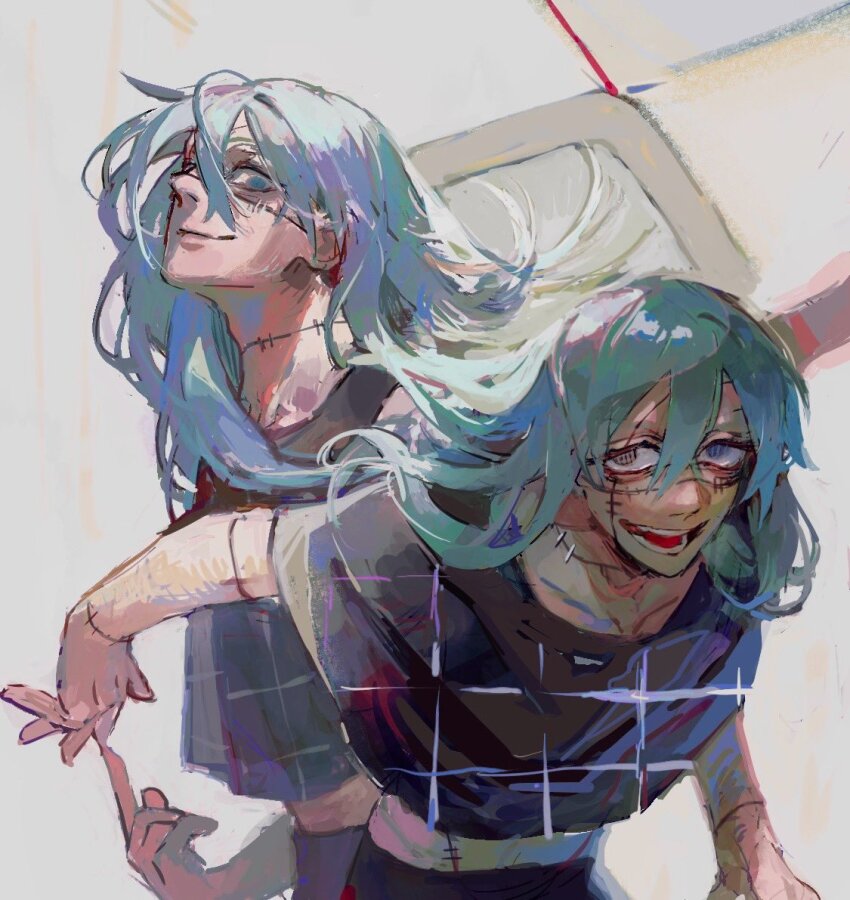 2boys, blue_eyes, blue_hair, clone, closed_mouth, dual_persona, finger_touching, hair_between_eyes