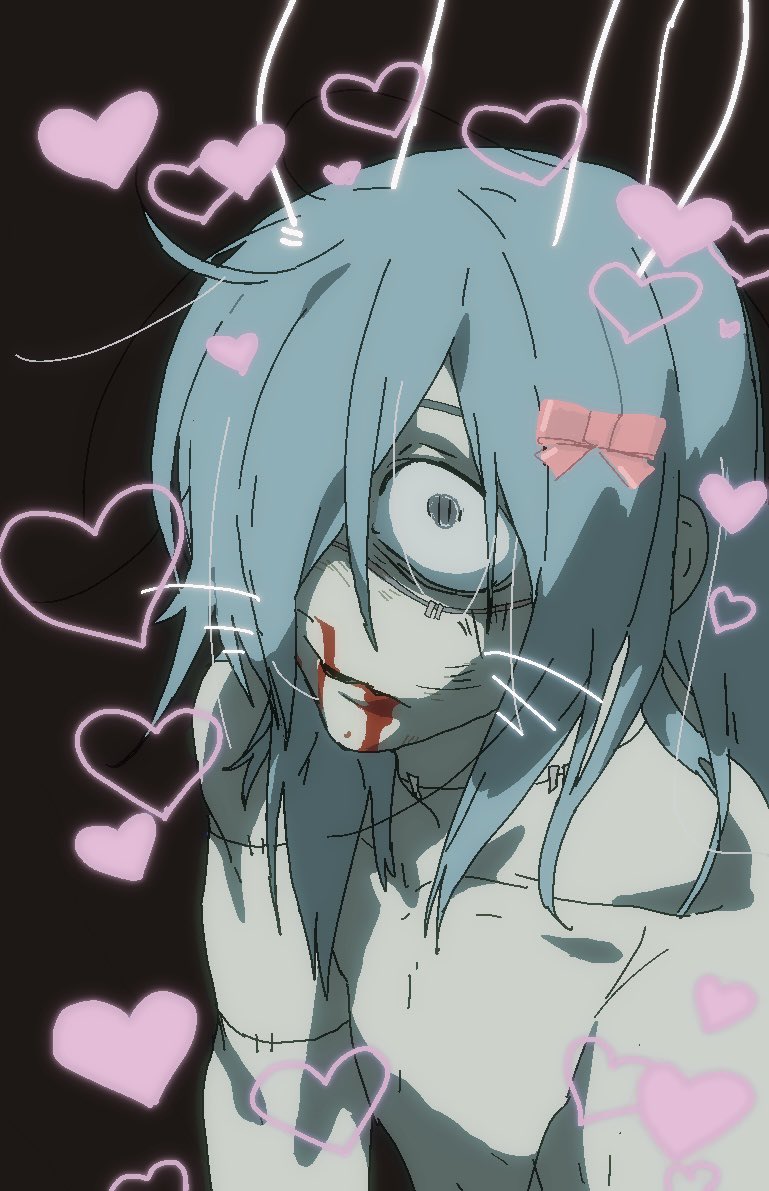 1boy, blood, blood_from_mouth, blue_hair, collarbone, drawn_ears, drawn_heart, drawn_whiskers