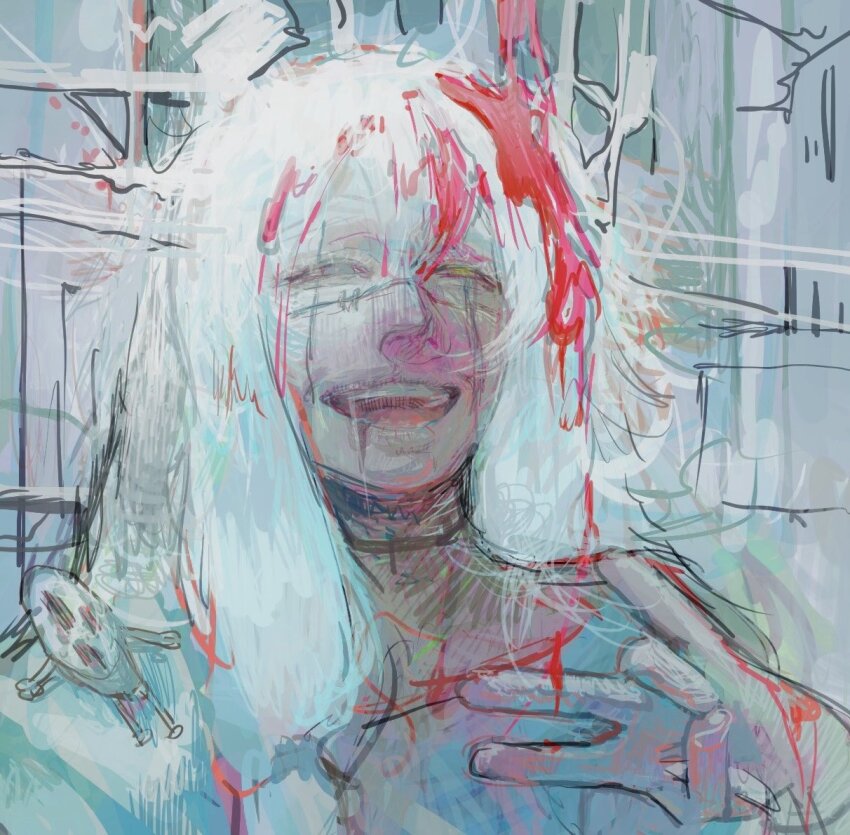 1boy, blood, hair_between_eyes, heterochromia, jujutsu_kaisen, kkrmcmc, long_hair, mahito_(jujutsu_kaisen), male_focus, sketch, solo, stitched_face, stitched_neck, stitches, upper_body, white_hair