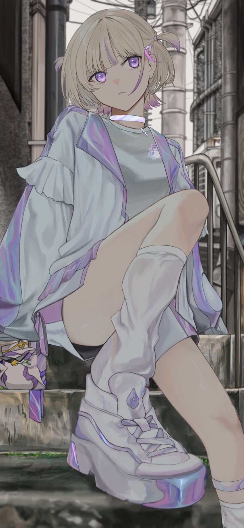 1girl, absurdres, alley, banpen_(todoroki_hajime), blonde_hair, blurry, blurry_background, choker