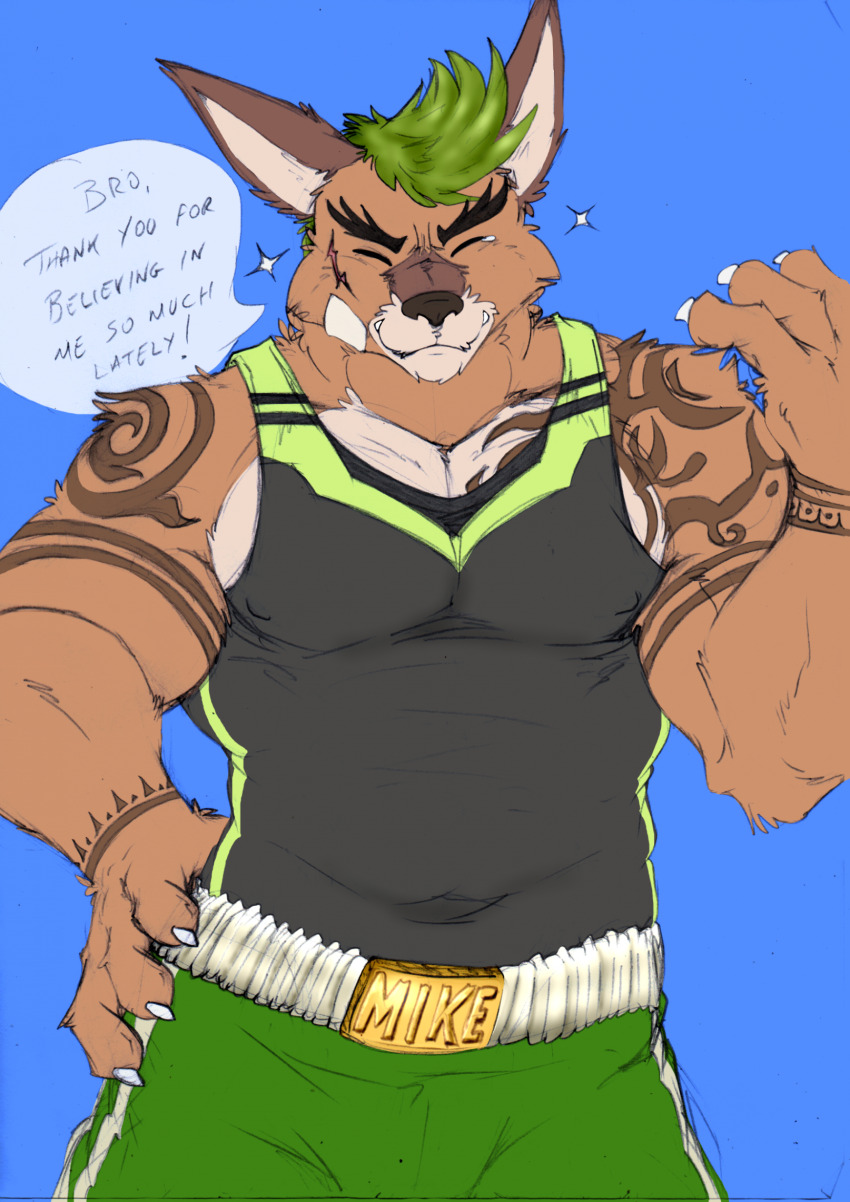 1boy, bara, black_shirt, black_tank_top, blue_background, character_name, chest_tattoo, claws