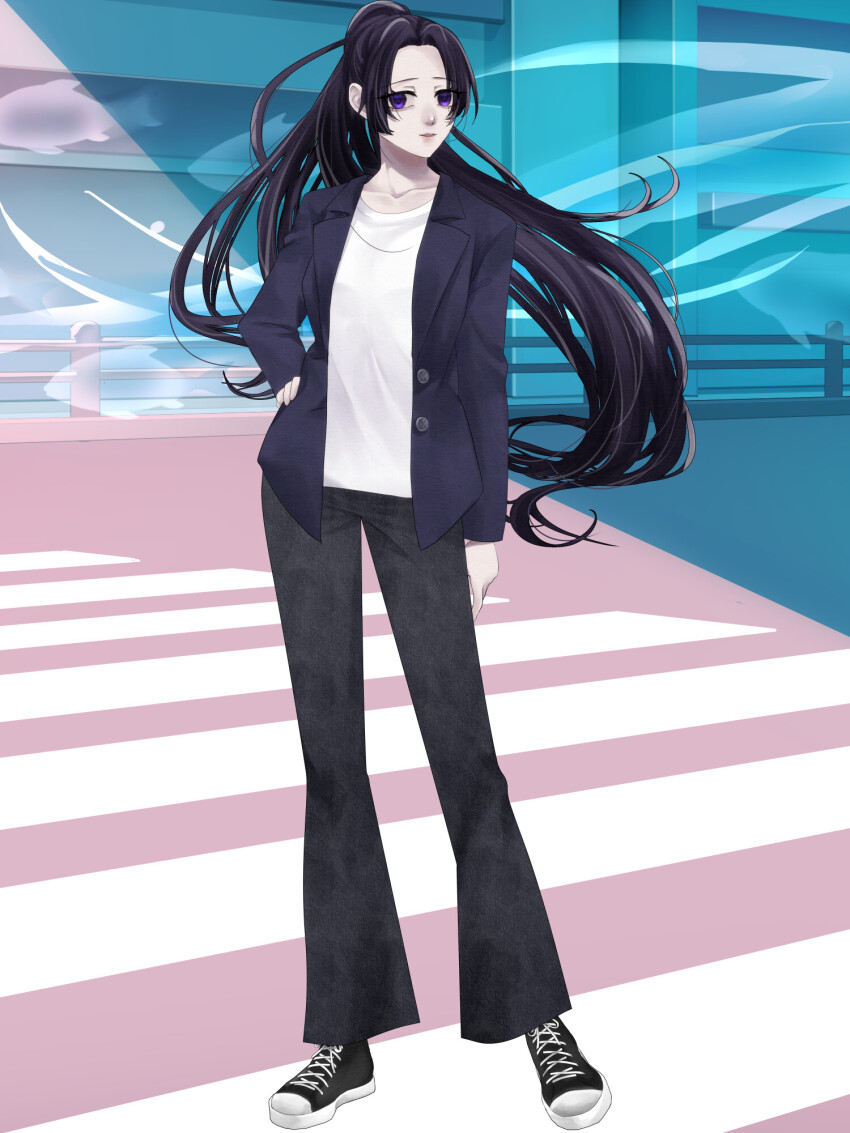 1girl, ak_atsuki0520, black_pants, blue_eyes, crosswalk, day, full_body, hand_on_own_hip