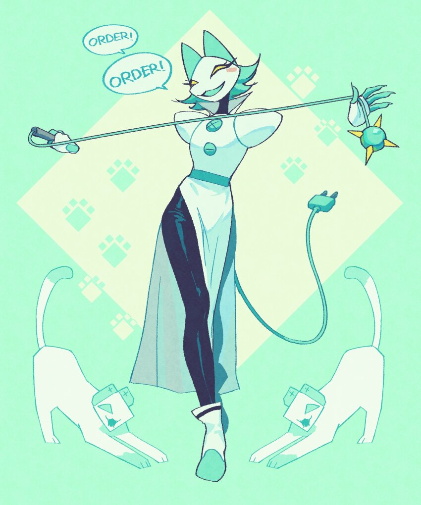 1girl, absurdres, animal_ears, black_pants, cable, cable_tail, cat, cat_ears