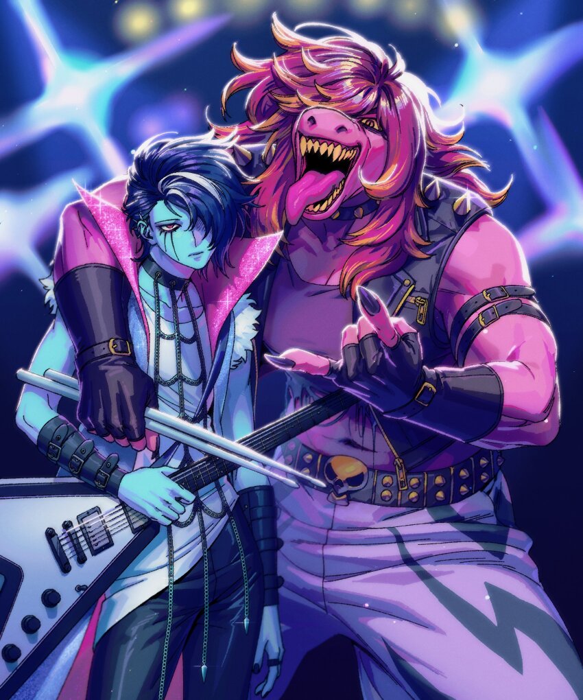 1girl, 1other, \n/, absurdres, belt, black_belt, black_gloves, black_nails