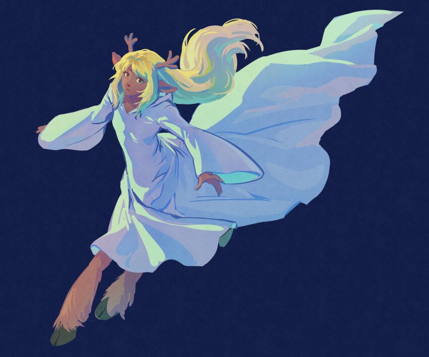 1girl, animal_ears, antlers, blonde_hair, blue_background, brown_eyes, commentary, deer_antlers