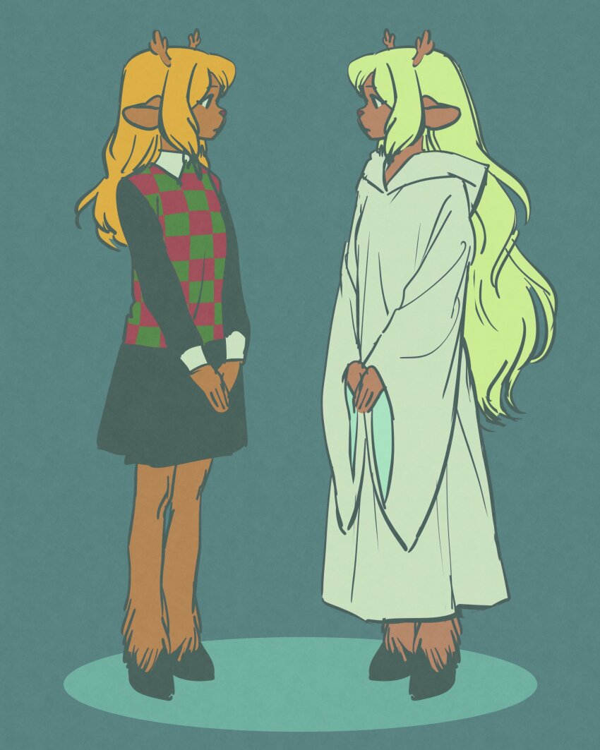 2girls, absurdres, antlers, black_shirt, black_skirt, blonde_hair, checkered_clothes, checkered_vest, collared_shirt, commentary, deer_antlers, deer_girl, deltarune, dual_persona, female_focus, full_body, furry, furry_female, gnd_ib, hashtag-only_commentary, highres, hooded_robe, hooves, horns, long_hair, long_sleeves, multiple_girls, noelle_holiday, noelle_holiday_(dark_world), robe, shirt, skirt, utdr_(toby_fox), very_long_hair, vest, white_robe, wide_sleeves
