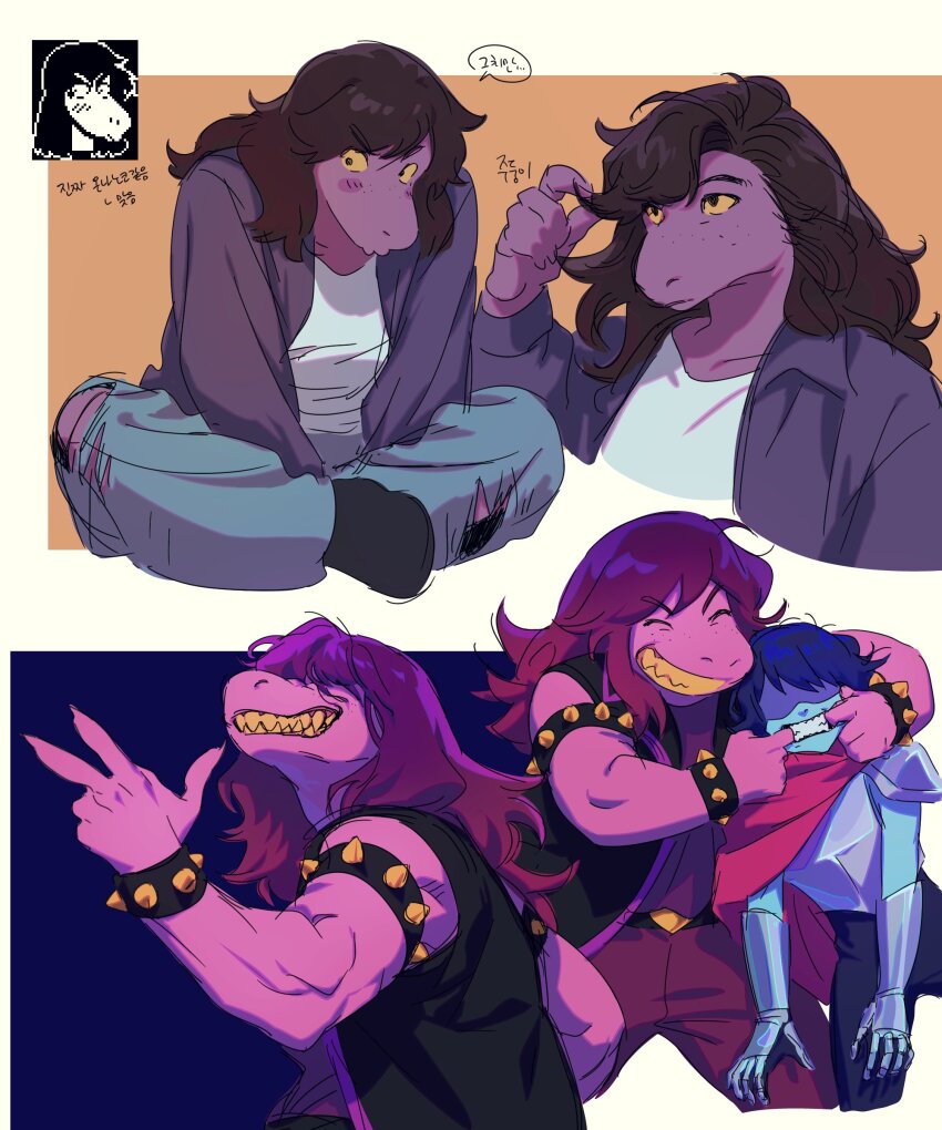 1girl, 1other, absurdres, armlet, armor, black_jacket, blue_pants, blue_skin