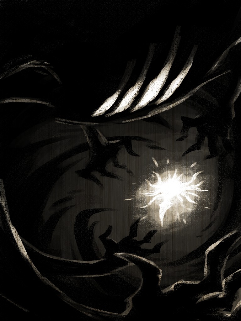 darkness, extra_arms, extra_eyes, fighting, fuifui, giant, glowing, hollow_knight