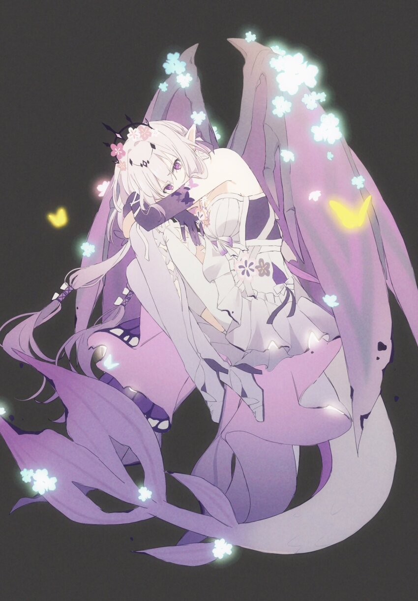 1girl, bare_shoulders, black_tiara, bow, breasts, bug, butterfly, castorice_(honkai:_star_rail)