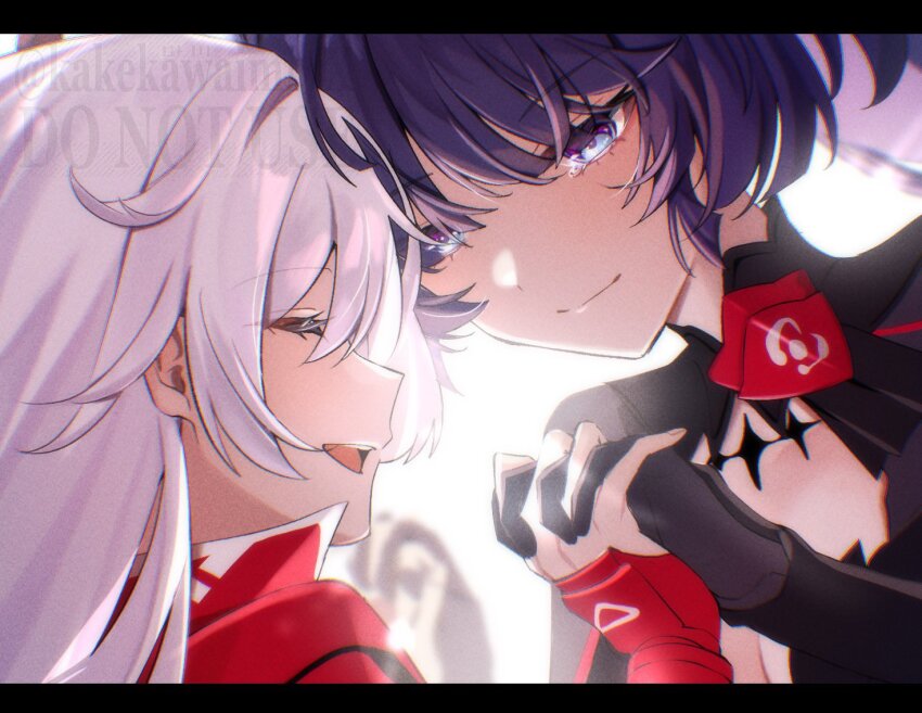 2girls, black_gloves, closed_eyes, closed_mouth, commentary, gloves, hashtag-only_commentary, holding_hands