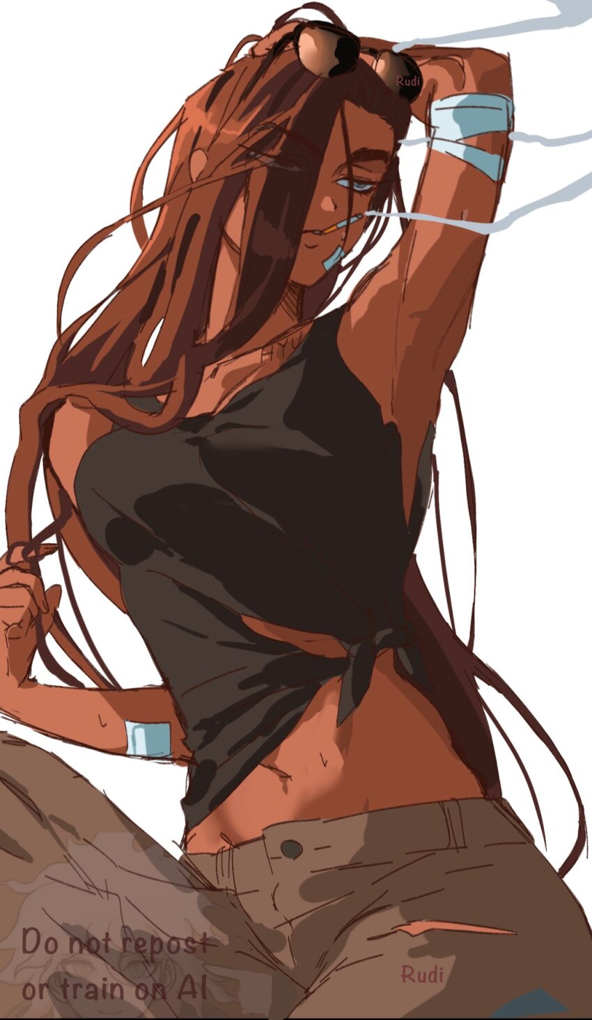 1girl, alien_stage, arm_behind_head, armpits, artist_name, black_tank_top, breasts, brown_hair
