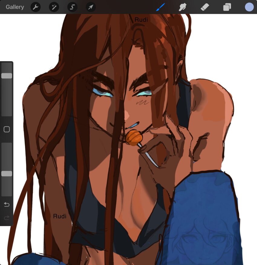 1girl, alien_stage, artist_name, black_tank_top, blue_pants, breasts, brown_hair, candy