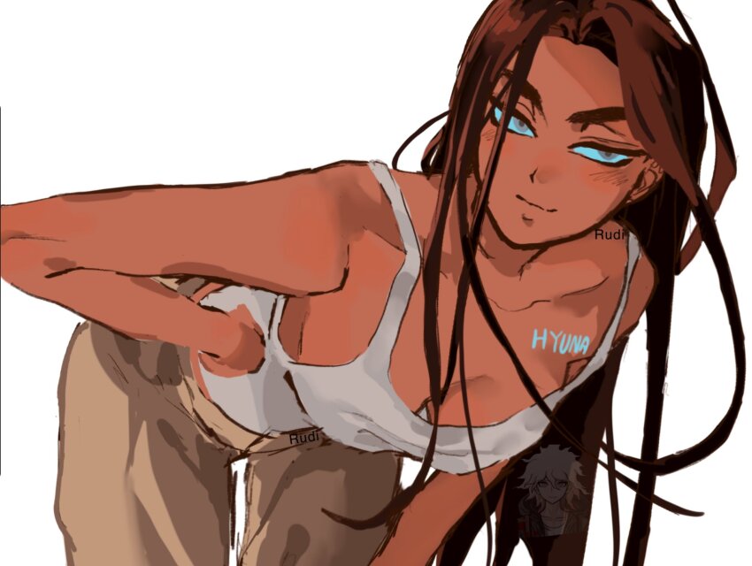 1girl, alien_stage, artist_name, brown_hair, brown_pants, chest_tattoo, commentary, danganronpa_(series)