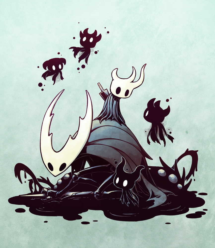 broken_vessel_(hollow_knight), darkness, floating, fuifui, green_background, grey_cloak, hollow_eyes, hollow_knight