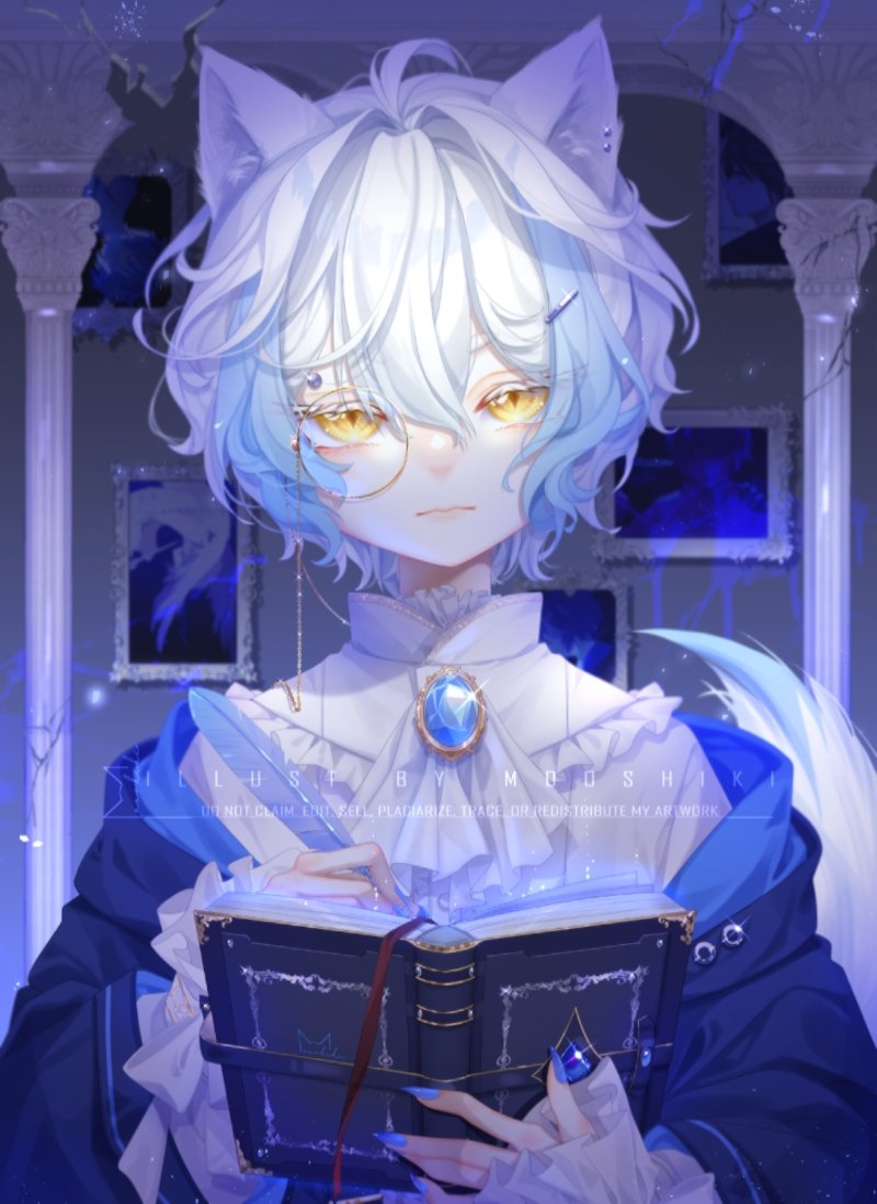 1boy, animal_ear_fluff, animal_ears, artist_name, ascot, blue_gem, blue_jacket, blue_nails