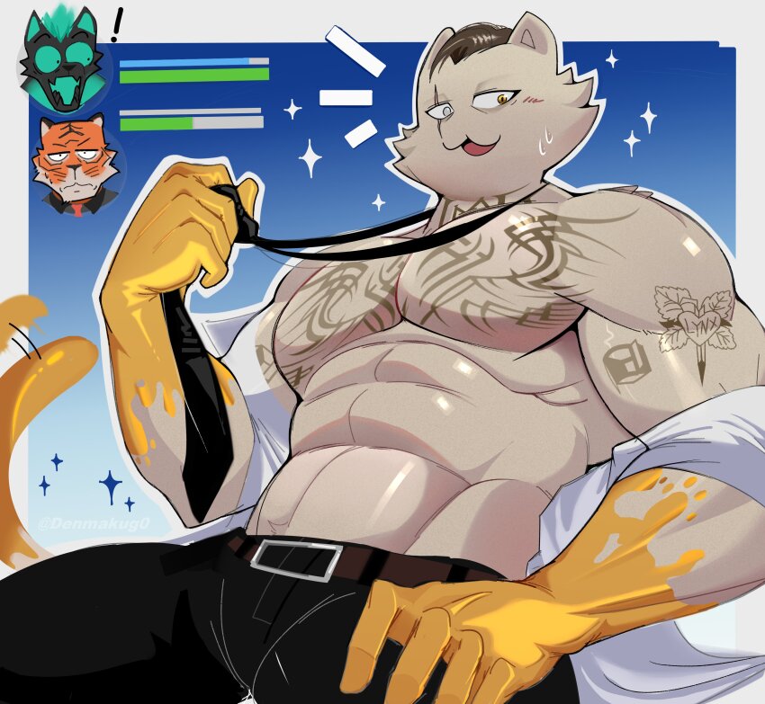 !, 3boys, abs, absurdres, animal_ears, arm_tattoo, bara, black_necktie, black_pants, blush, cat_boy, cat_ears, cat_tail, cerberus_(fortnite), chest_tattoo, commentary, denmakug0, dog_boy, dog_ears, english_commentary, fortnite, furry, furry_male, health_bar, highres, male_focus, meowdas_(fortnite), multiple_boys, muscular, muscular_male, necktie, notice_lines, open_clothes, open_shirt, oscar_(fortnite), pants, pectorals, scar, scar_across_eye, scar_on_face, shirt, sparkle, sweat, tail, tattoo, tiger_boy, tiger_ears, tiger_stripes, white_shirt