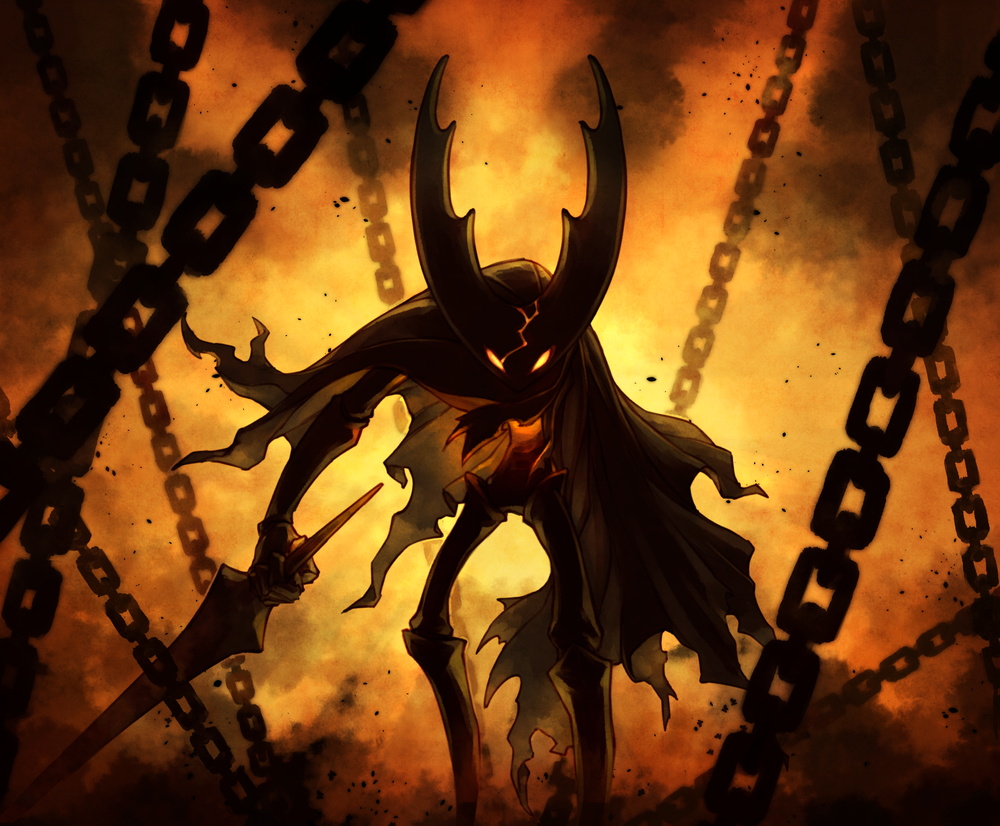 cape, chain, corruption, cracked_mask, fuifui, holding, holding_weapon, hollow_knight