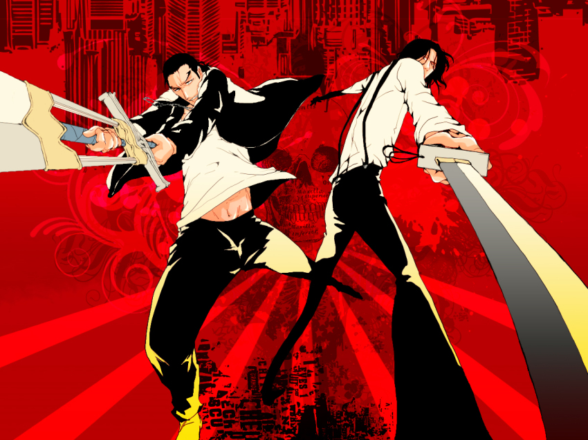 2boys, black_hair, bleach, ginjou_kuugo, jacket, locoe, multiple_boys, suspenders