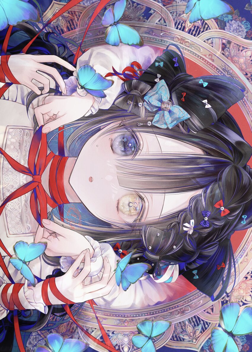 1girl, :o, absurdres, black_hair, blue_bow, blue_butterfly, blue_eyes, bow