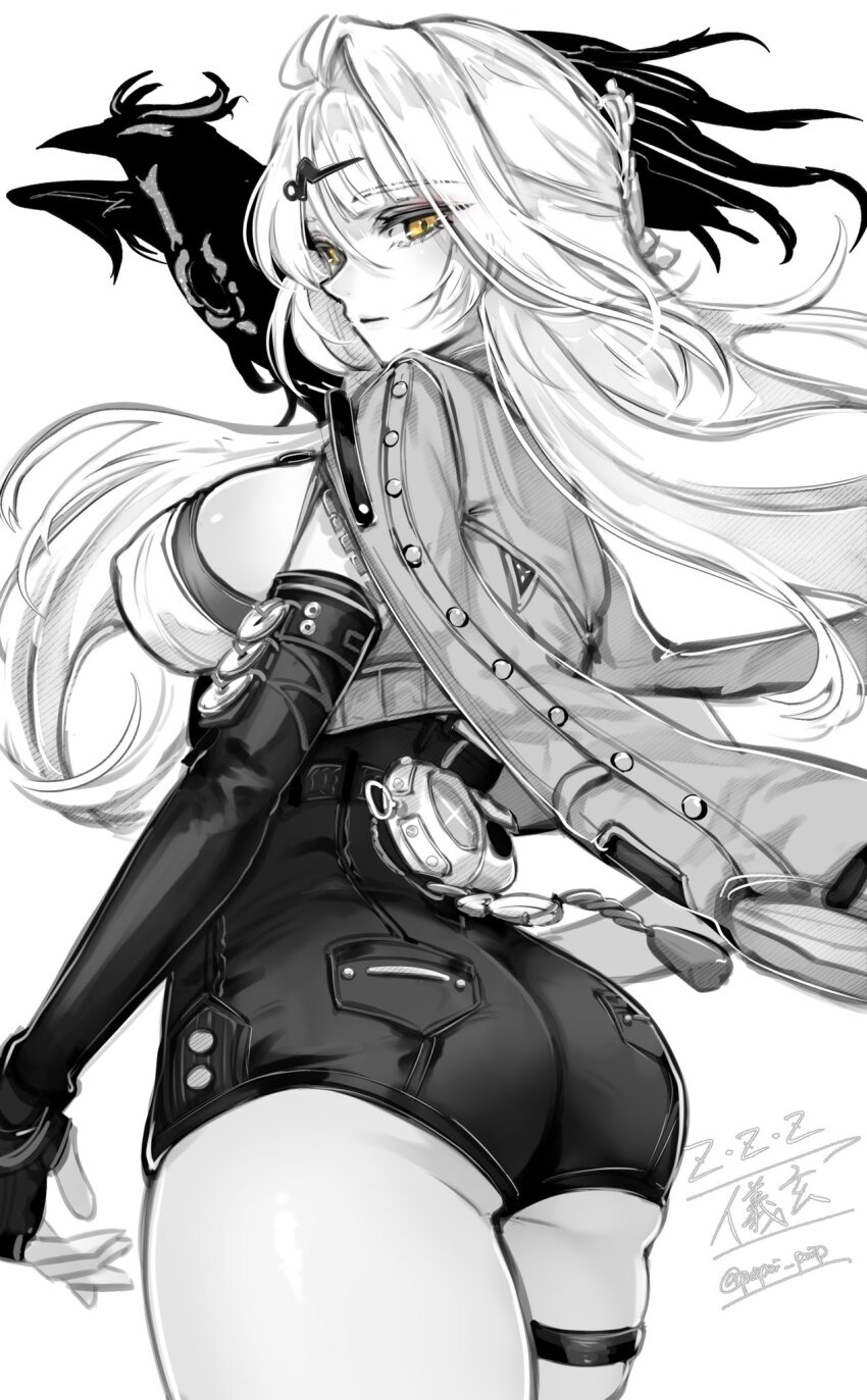 1girl, ass, breasts, closed_mouth, commentary_request, cowboy_shot, elbow_gloves, fingerless_gloves