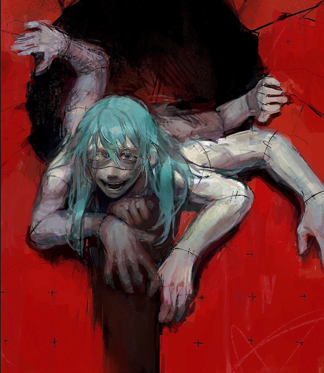 1boy, blue_eyes, blue_hair, evil_grin, evil_smile, extra_arms, eyelashes, grin, heterochromia, hole_in_wall, jujutsu_kaisen, kkrmcmc, long_hair, mahito_(jujutsu_kaisen), male_focus, pale_skin, patchwork_skin, smile, solo, stitched_arm, stitched_face, stitched_neck, stitched_wrist, stitches, white_eyes