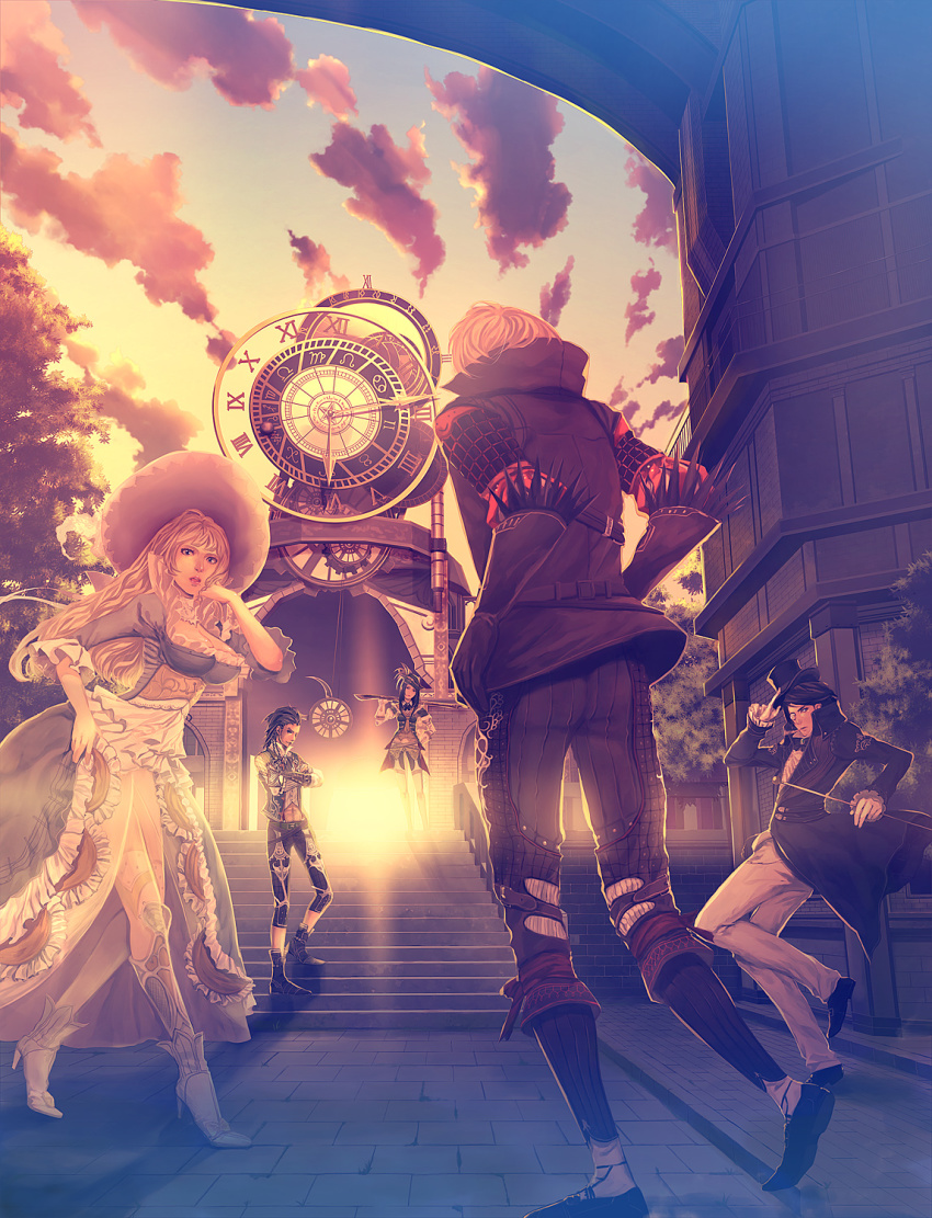 2girls, 3boys, bad_id, bad_pixiv_id, black_hair, blonde_hair, boots, breasts