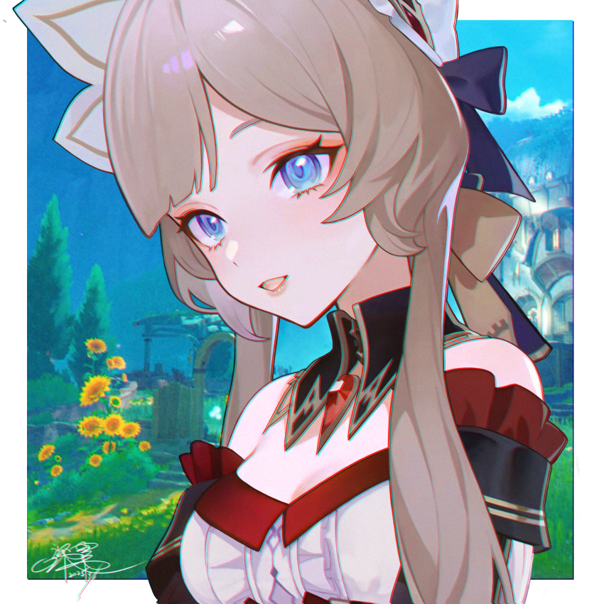 1girl, absurdres, bare_shoulders, blue_eyes, breasts, brown_hair, cleavage, detached_collar