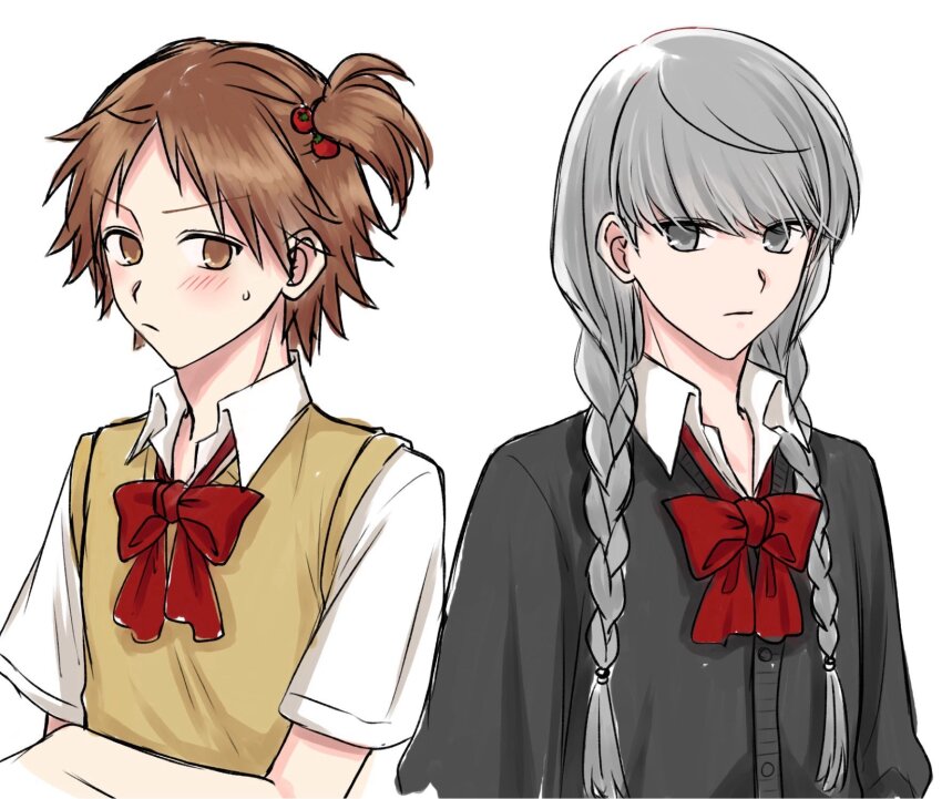 2boys, blush, bow, bowtie, braid, brown_eyes, brown_hair, brown_vest