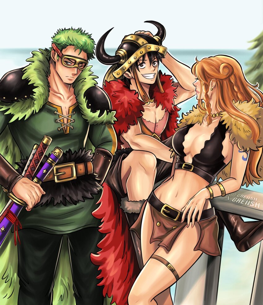 1girl, 2025, 2boys, belt, belt_buckle, black_hair, black_pants, blue_sky