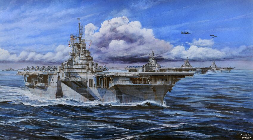 absurdres, aircraft, aircraft_carrier, airplane, american_flag, anti-aircraft, anti-aircraft_gun, blue_sky