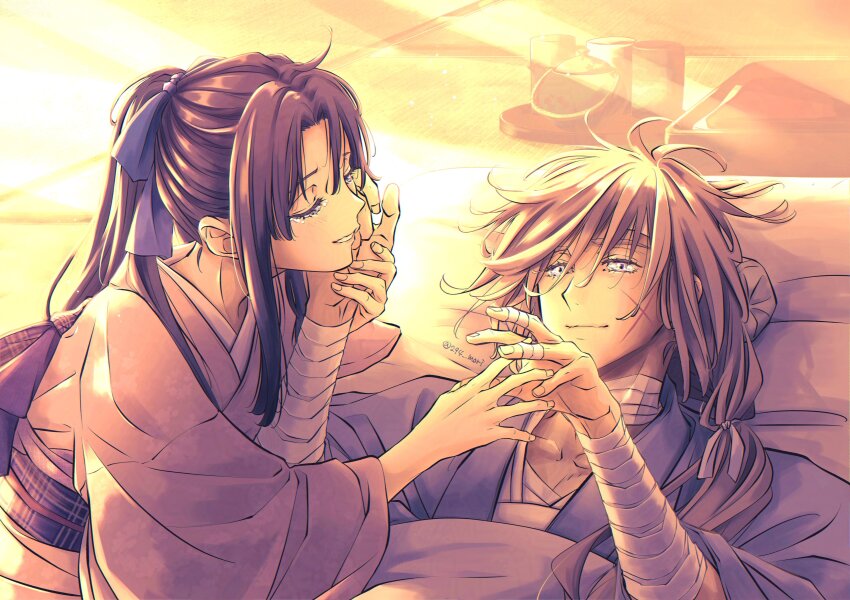 1boy, 1girl, 294_mori, absurdres, bandaged_arm, bandaged_neck, bandaged_torso, bandages