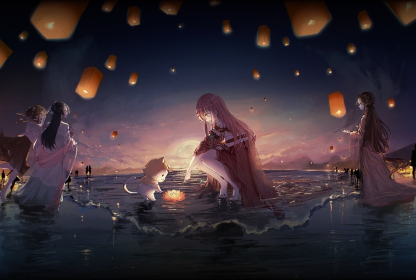 4girls, animal, bare_legs, bare_shoulders, barefoot, black_hair, blue_flower, blue_hanfu, blue_sky, brown_eyes, brown_hair, brown_skirt, cat, chi_xiaoyu_(shining_nikki), chinese_clothes, chinese_hairpin, cloak, clothed_animal, dawn_of_spring_(shining_nikki), detached_sleeves, double_bun, dress, ear_covers, flower, full_body, full_moon, gradient_sky, hair_bun, hair_flower, hair_ornament, hanfu, highres, hood, hood_up, hooded_cloak, jiang_xitong_(shining_nikki), lantern, long_hair, long_sidelocks, long_sleeves, lotus, medium_skirt, mid-autumn_festival, momo_(nikki), moon, multiple_girls, nikki_(nikki), nikki_(series), ocean, off-shoulder_dress, off_shoulder, official_alternate_color, open_mouth, orange_flower, outdoors, paper_lantern, people, pink_hair, pink_sky, pleated_skirt, pointy_nose, red_hanfu, red_sleeves, reflection, reflective_liquid, robe, shining_nikki, shore, sidelocks, silhouette, single_hair_bun, skirt, sky, smile, squatting, subarwu_u, tiptoes, toenails, toes, twilight, very_long_hair, white_cat, white_robe, yellow_cloak