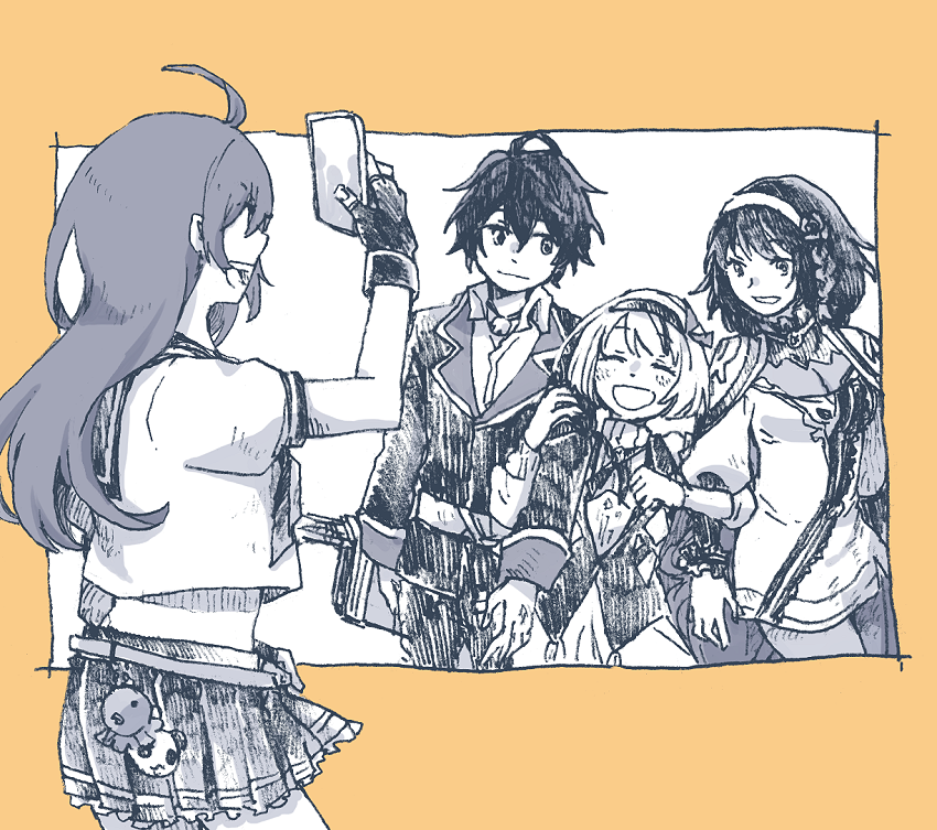 1boy, 3girls, :d, ^_^, ahoge, aldo_(another_eden), another_eden, arm_up, blazer, blush, border, braid, breasts, cape, cellphone, charm_(object), cleavage, closed_eyes, closed_mouth, collared_shirt, commentary_request, cowboy_shot, cropped_shirt, double-parted_bangs, dress, fingerless_gloves, flower, foran_(another_eden), gloves, greyscale_with_colored_background, hair_between_eyes, hair_flower, hair_ornament, hairband, hatching_(texture), hismena_(another_eden), holding, holding_phone, jacket, jewelry, lapels, light_smile, linear_hatching, locked_arms, long_hair, long_sleeves, looking_at_another, mana_(another_eden), medium_breasts, medium_hair, michibata_65, midriff, miniskirt, multiple_girls, neck_ribbon, necklace, notched_lapels, open_mouth, orange_border, outside_border, pants, phone, pleated_skirt, ribbon, sailor_collar, school_uniform, serafuku, shirt, short_dress, short_hair, short_sleeves, simple_background, skirt, smartphone, smile, standing, swept_bangs, taking_picture, white_background