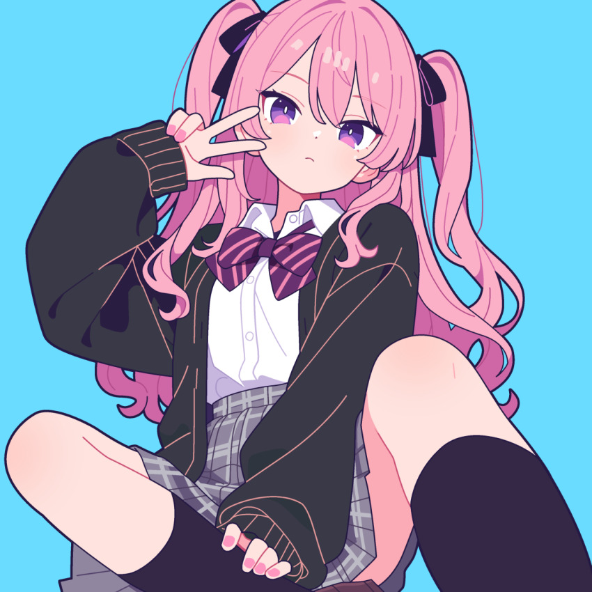 1girl, black_socks, blue_background, bow, bowtie, collared_shirt, commission, green_jacket