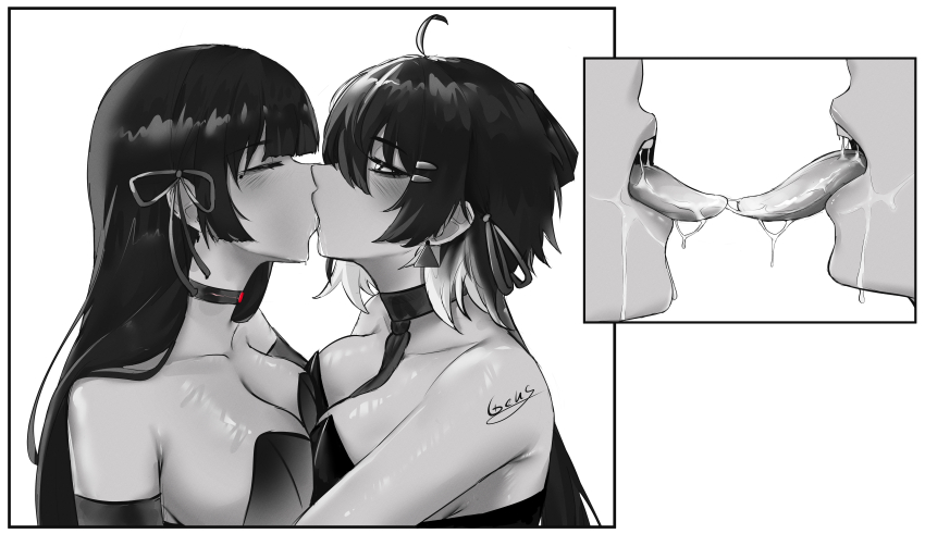 2girls, 2koma, absurdres, ahoge, alternate_costume, bare_shoulders, blunt_bangs, blush, breast_press, breasts, chisa_(wuthering_waves), choker, cleavage, closed_eyes, collarbone, comic, commentary, couple, dress, earrings, elbow_gloves, female_rover_(wuthering_waves), from_side, geus_(just_geus), gloves, hair_between_eyes, hair_ornament, hair_ribbon, hairclip, half-closed_eyes, highres, hime_cut, jewelry, kiss, leotard, long_hair, looking_at_another, low_ponytail, medium_breasts, mole, mole_under_eye, monochrome, multiple_girls, neck, open_mouth, parallel_hairclips, ponytail, ribbon, rover_(wuthering_waves), saliva, short_hair, signature, straight_hair, strapless, strapless_dress, symmetrical_docking, tongue, tongue_out, triangle_earrings, upper_body, wuthering_waves, yuri