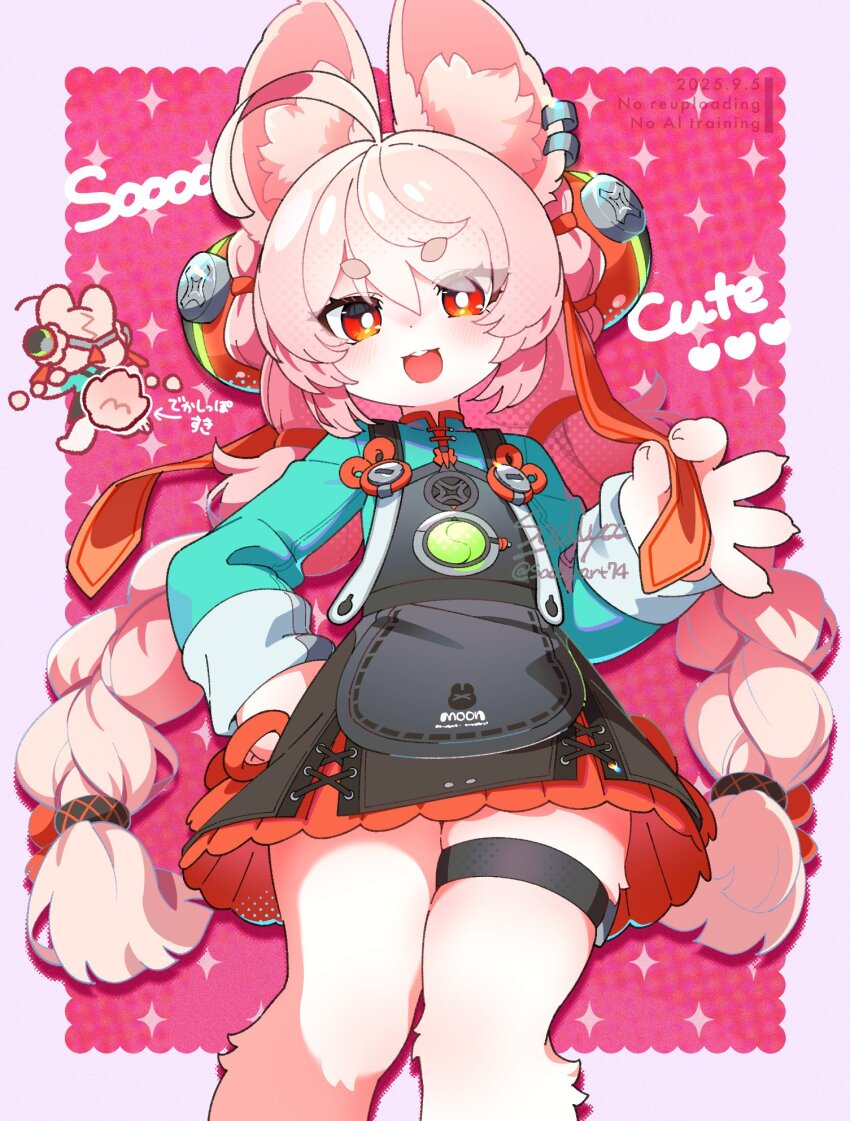 1girl, ahoge, animal_ear_fluff, animal_ears, braid, bright_pupils, chibi, chibi_inset, ear_piercing, furry, furry_female, highres, long_hair, long_sleeves, looking_at_viewer, open_mouth, piercing, pink_fur, pink_hair, rabbit_ears, rabbit_girl, red_eyes, saadiya74, smile, thick_eyebrows, thigh_strap, twin_braids, white_pupils, zenless_zone_zero, zhao_(zenless_zone_zero)