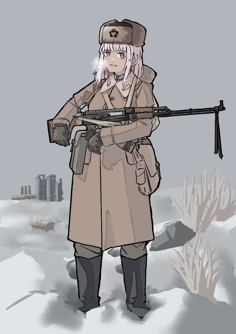 1girl, ammunition_pouch, aojiao_lin_yuansu, bag, belt_pouch, bipod, black_boots, boots, breath, building, coat, crossover, factory, fur_hat, girls'_frontline, gloves, overcoat, grey_pants, gun, gun_sling, hat, hearts_of_iron, jungle_style, kalashnikov_rifle, light_machine_gun, machine_gun, medium_hair, military_uniform, pants, pink_hair, pouch, purple_eyes, rpk, rpk-16_(girls'_frontline), russia, shoulder_bag, siberian_black_league, sidelocks, smokestack, snow, soldier, the_new_order:_last_days_of_europe, ushanka, weapon, winter, winter_clothes, winter_coat