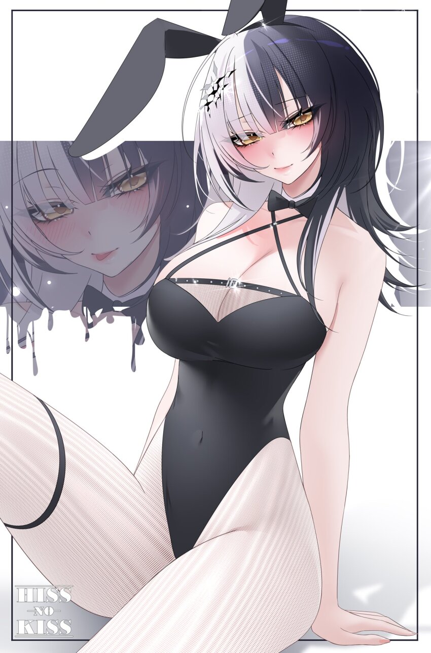 1girl, alternate_costume, animal_ear_hairband, animal_ears, arm_support, black_bow, black_bowtie, black_hair