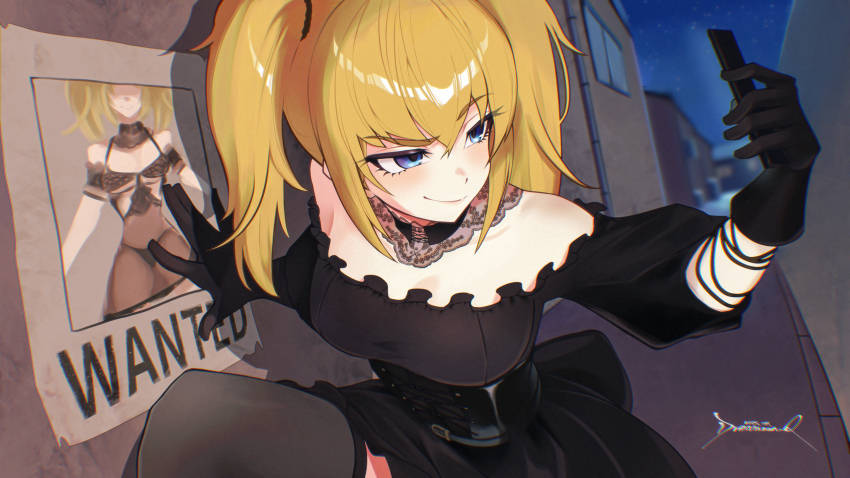 1girl, ani_(xai), black_corset, black_dress, black_gloves, black_thighhighs, blonde_hair, blue_eyes
