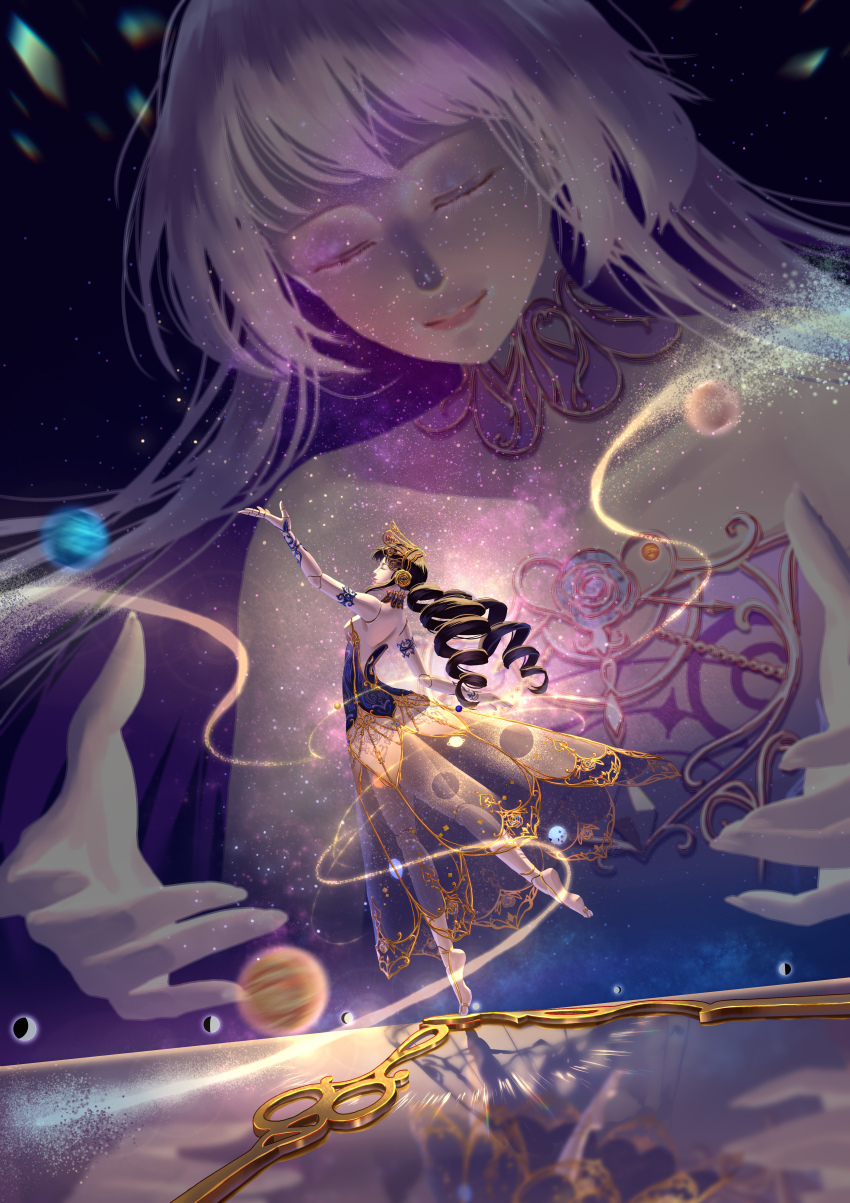 2girls, absurdres, aqunaqunyingfen, armband, barefoot_sandals_(jewelry), black_armband, black_dress, black_hair, blackcat_and_cosmic_poem_(shining_nikki), bonnet, closed_mouth, dancing, dress, drill_hair, dual_persona, eclipse, eyeshadow, from_side, giant, giantess, happy, highres, jupiter_(planet), lace, lace_armband, light_particles, lipstick, lolita_fashion, long_dress, long_hair, makeup, multiple_girls, nikki_(series), official_alternate_color, outstretched_arm, pink_dress, pink_hair, pink_lips, purple_eyeshadow, realistic, see-through_clothes, see-through_dress, shining_nikki, size_difference, smile, space, strapless, strapless_dress, toes, twin_drills, very_long_hair, yellow_bonnet