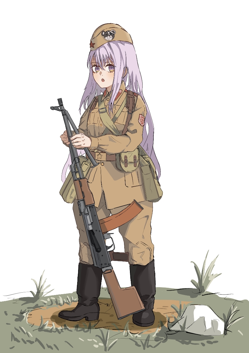 1girl, ammunition_pouch, aojiao_lin_yuansu, bag, belt, belt_buckle, belt_pouch, bipod