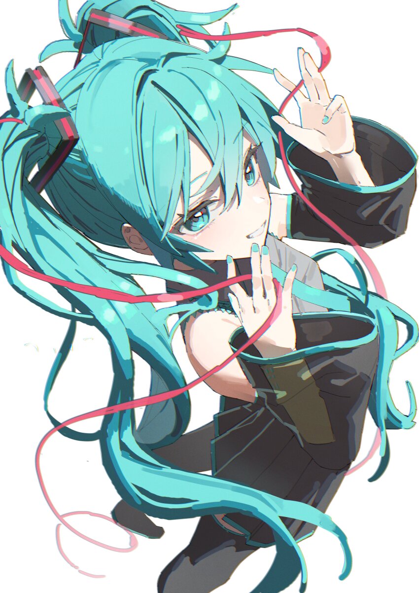 1girl, absurdres, aqua_eyes, aqua_hair, aqua_nails, black_skirt, grey_shirt, grin, hair_between_eyes, hands_up, hashtag-only_commentary, hatsune_miku, highres, long_hair, looking_at_viewer, miniskirt, pleated_skirt, shirt, simple_background, skirt, smile, solo, taemim, teeth, twintails, vocaloid, white_background
