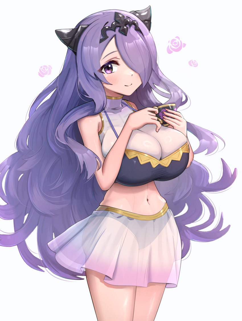 1girl, absurdres, aged_down, alternate_breast_size_(larger), bare_shoulders, bikini, bikini_skirt, blush, breasts, camilla_(fire_emblem), camilla_(tropical_beauty)_(fire_emblem), camilla_(young_beauty)_(fire_emblem), choker, cleavage, closed_mouth, cup, fake_horns, fire_emblem, fire_emblem_fates, fire_emblem_heroes, flower, gold_choker, gonzarez, hair_ornament, hair_over_one_eye, highres, holding, holding_cup, horns, huge_breasts, long_hair, looking_at_viewer, midriff, navel, nintendo, official_alternate_costume, oppai_loli, purple_bikini, purple_eyes, purple_flower, purple_hair, purple_rose, rose, see-through_clothes, see-through_skirt, simple_background, skirt, smile, solo, swimsuit, teacup, tiara, very_long_hair, wavy_hair, white_background