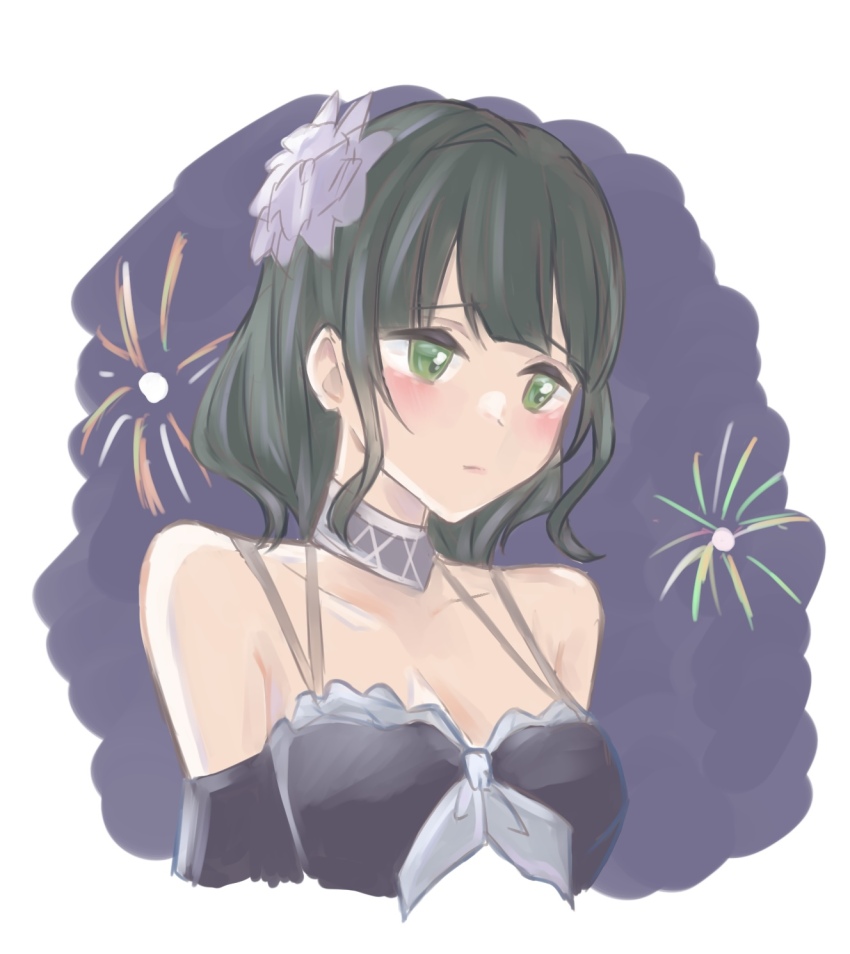 1girl, aerial_fireworks, atarayo_hanabi, bare_shoulders, bikini, black_bikini, blunt_bangs, blush