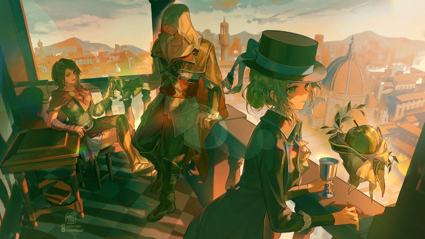 1boy, 2girls, apple_(reverse:1999), apple_(the_fruit_of_wisdom)_(reverse:1999), assassin's_creed_(series), black_hat, black_suit, blue_ribbon