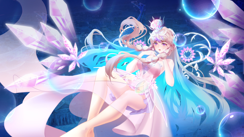 1girl, absurdres, bare_arms, bare_legs, bare_shoulders, barefoot, blue_hair, breasts