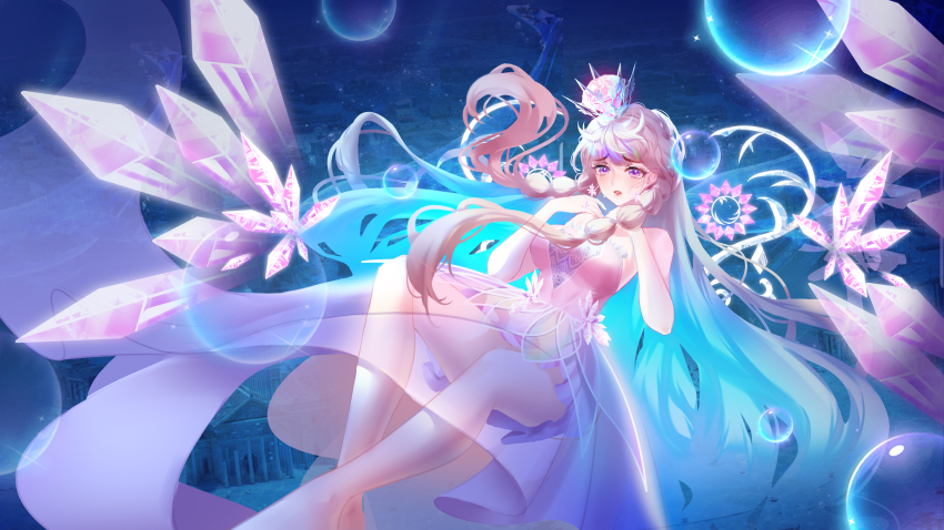 1girl, absurdres, bare_arms, bare_legs, bare_shoulders, barefoot, blue_hair, breasts