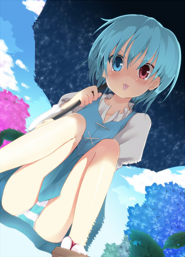 1girl, :p, blue_dress, blue_hair, blue_skirt, blue_sky, blush, cloud